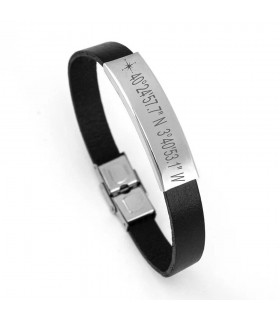 PULSERA COORDENADAS Y PUNTOS CARDINALES CUERO Y ACERO